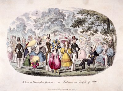 「ケンジントン ガーデンズの一場面、または 1829 年のファッションと恐怖」 作： George Cruikshank