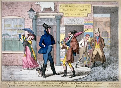 「ロンドンでのアングロ・ガリックの挨拶、または練習が完璧になる」、1822年. 作： George Cruikshank