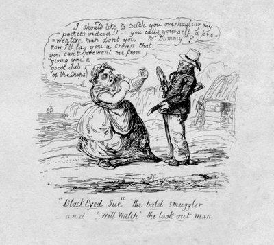 黒目をした大胆な密輸業者を訴え、1829年の見張り番 作： George Cruikshank