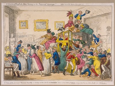 ブロック博物館、ピカデリー、ウェストミンスター、ロンドン、1835年に展示されているボナパルトのコーチ 作： George Cruikshank