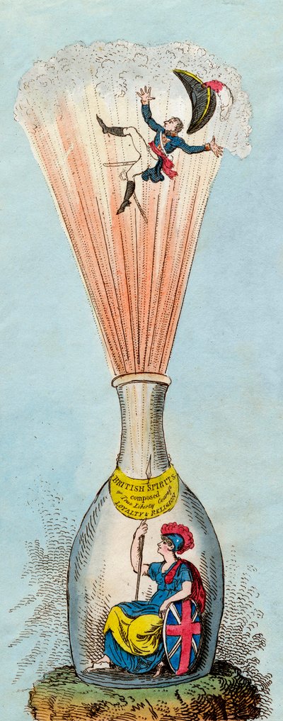 ブリタニア、コルシカ島の瓶詰め職人を吹き飛ばす - 1803年 - 英国の風刺作家たちは、ナポレオン政権の正当性を絶えず攻撃していた - by George Cruikshank 作： George Cruikshank