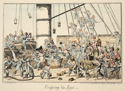 Crossing the Line、グリニッジ病院、海軍のスケッチのシリーズ、戦士の男の生活を説明するパブ。 1825年（手描きの彫刻） 作： George Cruikshank