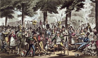 ディックジェンキンス、キャプテン、ハリバット嬢とリディアがイタリアの大通りでラウンジを楽しむ 作： George Cruikshank