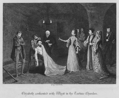 拷問の間でワイアットと対峙するエリザベス（エングレービング 作： George Cruikshank