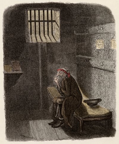 死刑囚監房のフェイギン - 『オリバー・ツイスト』（オリヴィエ）の挿絵（『オリバー・ツイストの冒険』） チャールズ・ディケンズ（1812-1870）作、ジョージ・クルイックシャンク（1792-1878）作 。 作： George Cruikshank