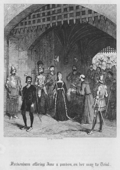 裁判に向かうジェーンに恩赦を与えるフェッケンハム（エングレーヴィング 作： George Cruikshank