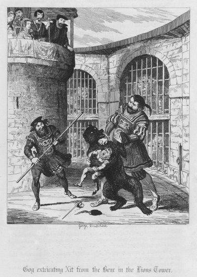 ライオンズタワーの熊からXitを救出するゴッグ（彫刻 作： George Cruikshank