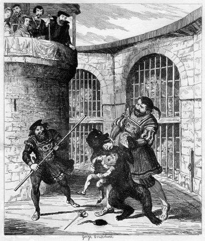 ライオンタワーでクマからXitを脱出するGog、1840 作： George Cruikshank