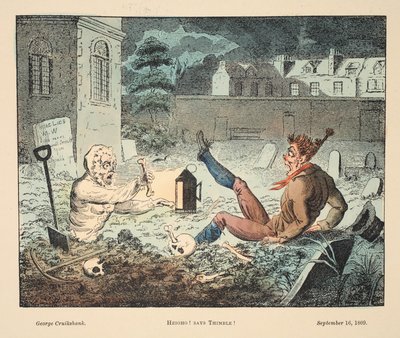 ハイゴ！指ぬきを言う！、パブ。 1809（手描きの彫刻） 作： George Cruikshank