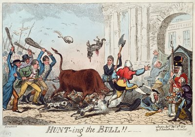 1817年の雄牛の狩猟（カラーエッチング） 作： George Cruikshank