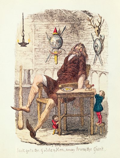 ジャックは巨人から黄金の鶏を手に入れる（colou litho） 作： George Cruikshank