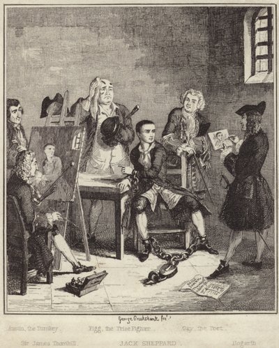 刑務所でジェームズソーンヒル卿によって描かれた彼の肖像画を持っているジャックシェパード 作： George Cruikshank