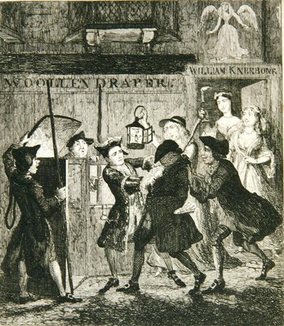 看守のショットボルトを騙すジャック・シェパード（1839年に出版されたウィリアム・ハリソン・エインズワースの「Jack Sheppard:1839年に出版されたウィリアム・ハリソン・エインズワースの「Jack Sheppard: A Romance」の挿絵（エッチング）。 作： George Cruikshank