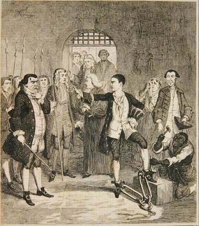 ニューゲートのストーン・ホールでジャック・シェパードの鉄板が外されている。1839年に出版されたウィリアム・ハリソン・エインズワースの「Jack Sheppard: A Romance」の挿絵（エッチング）。 作： George Cruikshank