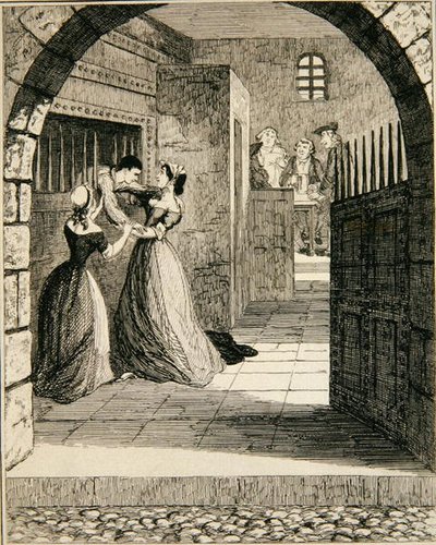 ニューゲート刑務所の死刑囚監房から脱出するジャック（「Jack Sheppard:1839年に出版されたウィリアム・ハリソン・エインズワースの「Jack Sheppard: A Romance」の挿絵（エッチング）。 作： George Cruikshank