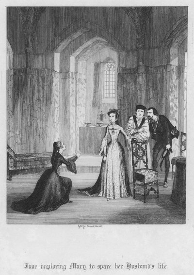 夫の命を助けてほしいとメアリーに懇願するジェーン（版画 作： George Cruikshank