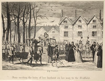 ジェーンはパブのロンドン塔から足場に行く途中で夫の遺体に会った。 1840 作： George Cruikshank