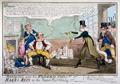 「ジョニー・ブルと彼の偽造紙幣!!!」、1819年。 作： George Cruikshank