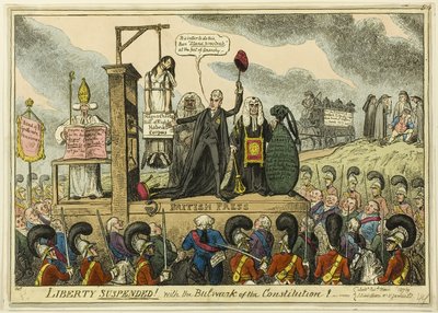 自由は一時停止された憲法の防波堤とともに 作： George Cruikshank