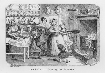 3月、パンケーキを投げる(彫刻) 作： George Cruikshank