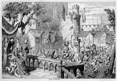 1840年、ロンドン塔の宮殿の庭園に仮面を描いた。 作： George Cruikshank