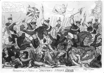 セントピーターズでの虐殺、または「ブリトンズストライクホーム」!!!、パブ。トーマス・テッグ1819 作： George Cruikshank
