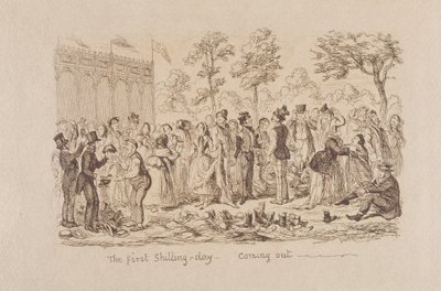 1851年のメイヒュースの素晴らしい展示会：最初のシリングの日-出てくる、1851 作： George Cruikshank