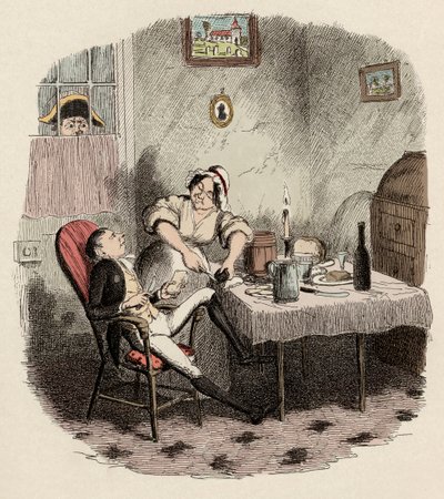 Monsieur Bumble observes Noe Claypole and Charlotte - Mr Claypole as he appeared when his master is out - イラストレーション for "Oliver Twist" (Olivier) (The Adventures of Oliver Twist) by Charles Dickens (1812-1870), by George Cruikshank (1792-1878) . 作： George Cruikshank