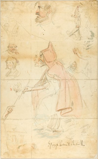 マザー・シプトン (直腸); スケッチのシート: アヤメと人物 (裏面) 作： George Cruikshank