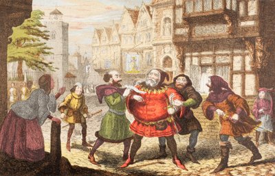 クイック夫人は、ジョン・ファルスタッフ卿をヘンリー4世のパート2で逮捕しました。 作： George Cruikshank