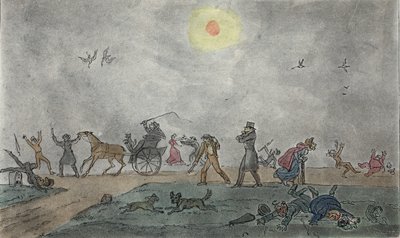 11 月 - オールド スタイル - 霧と不潔な空気の中をホバリングして、パブ。 1835年。 作： George Cruikshank