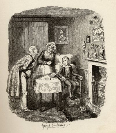 チャールズ・ディケンズの「オリバー・ツイストの冒険」（1812-70）1838年、チャップマン・ウント・ホール発行、1901年の発熱から回復するオリバー 作： George Cruikshank