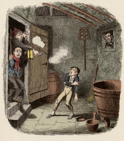 オリバーは強盗未遂で驚き、負傷した - The Burglary - チャールズ・ディケンズ（1812-1870）の「オリバー・ツイスト」（Olivier）（「オリバー・ツイストの冒険」）の挿絵、ジョージ・クルイックシャンク（1792-1878）によるものです。 作： George Cruikshank