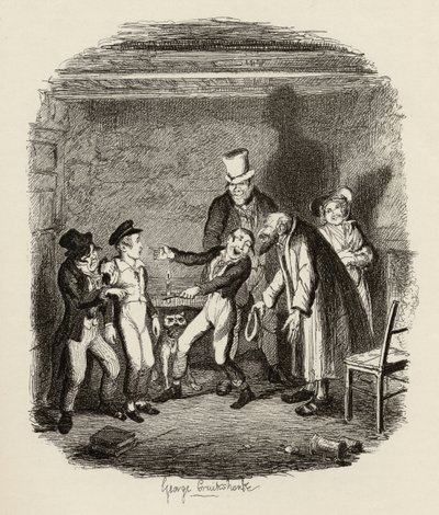 チャールズディケンズの「オリバーツイストの冒険」（1812-70）1838年のチャギマンウントホール発行の1901年、ファジンと少年によるオリバーのレセプション 作： George Cruikshank