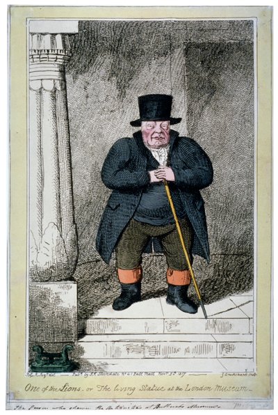 「ライオンの 1 つ、またはロンドン博物館の生きた像」、1817 年 作： George Cruikshank