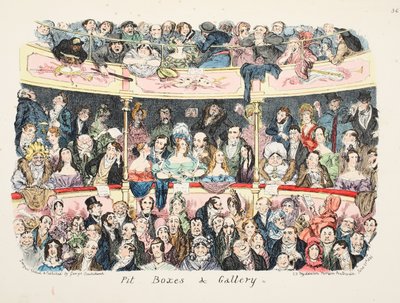 ピットボックスとギャラリー、パブ。 1836年（手描きの彫刻） 作： George Cruikshank