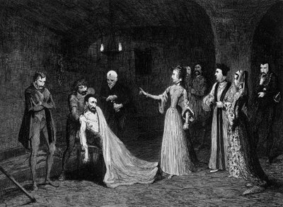 エリザベス王女は拷問室でトーマスワイアット卿と対決しました、1554年1840年。 作： George Cruikshank