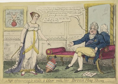 1814年、オランダのこまで遊ぶシャーロット王女 彼女のダッチプレイシングでグローを興奮させようとするミス（オブジェクトのタイトル） 作： George Cruikshank