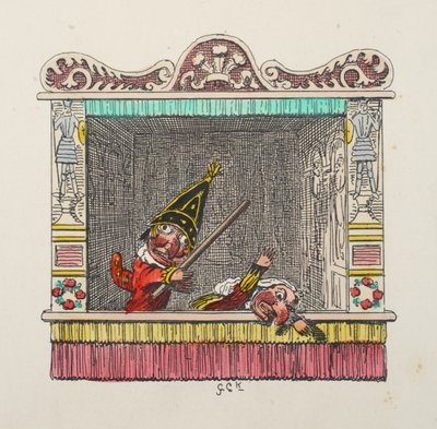 パンチとジュディのパブからパンチとジュディ。 1827年（手描きの彫刻） 作： George Cruikshank