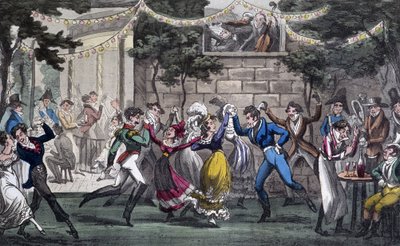 シャンゼリゼ通りのサロン・ド・マルスでのクアドリラ - デイビッド・ケアリー著「Life in Paris」（ロンドン）より 作： George Cruikshank