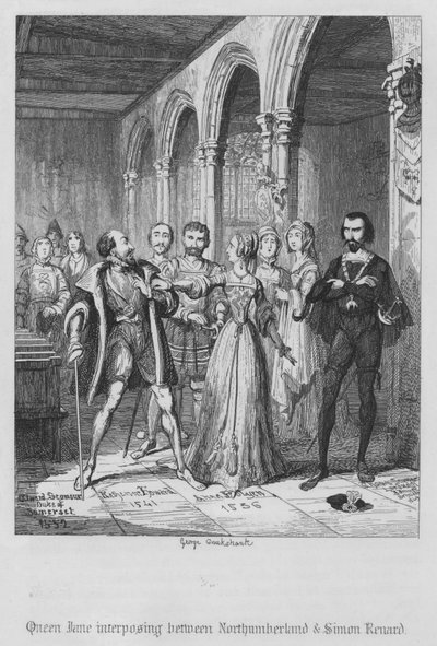ノーサンバーランドとシモン・レナードの間に割って入るジェーン王妃（エングレービング 作： George Cruikshank
