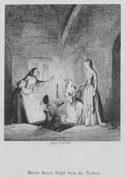 王妃ジェーンの塔からの脱出（版画 作： George Cruikshank
