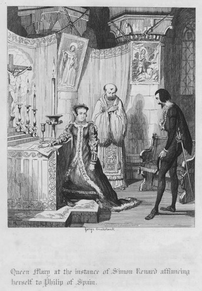 シモン・ルナールに誘われてスペインのフィリップと親交を結んだメアリー王妃（エングレービング 作： George Cruikshank