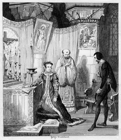 1840年、スペインのフィリップに身を投じたサイモンレナードの瞬間のメアリー女王 作： George Cruikshank