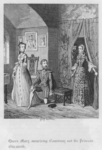 クイーン・メアリーの驚くべきコートニーとプリンセス・エリザベス（エングレービング 作： George Cruikshank