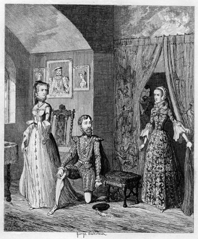 メアリー女王、コートニーとエリザベス王女を驚かせた、1553-1555 1840 作： George Cruikshank