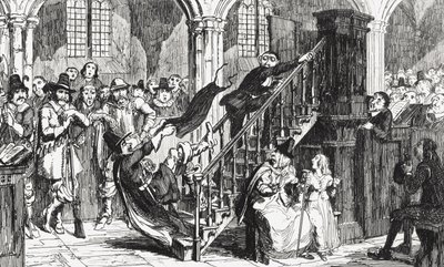 サービス中のホールデノー牧師、サーウォルタースコット（1771-1832）による「ウッドストック」のイラスト1845年発行 作： George Cruikshank