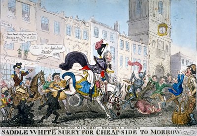 「チープサイドから明日へのサドルホワイトサリー」、1812年 作： George Cruikshank