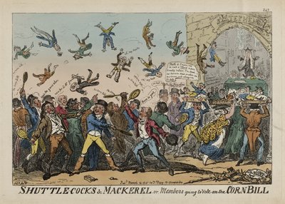 シャトルコックとサバ、あるいはトウモロコシ法案の採決に臨むメンバー（3月14日 作： George Cruikshank
