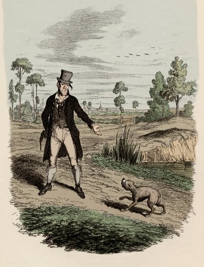 犬を捨てようとするサイクス - チャールズ・ディケンズ（1812-1870）の「オリバー・ツイストの冒険」の挿絵、ジョージ・クルイックシャンク（1792-1878）によるもの。 作： George Cruikshank
